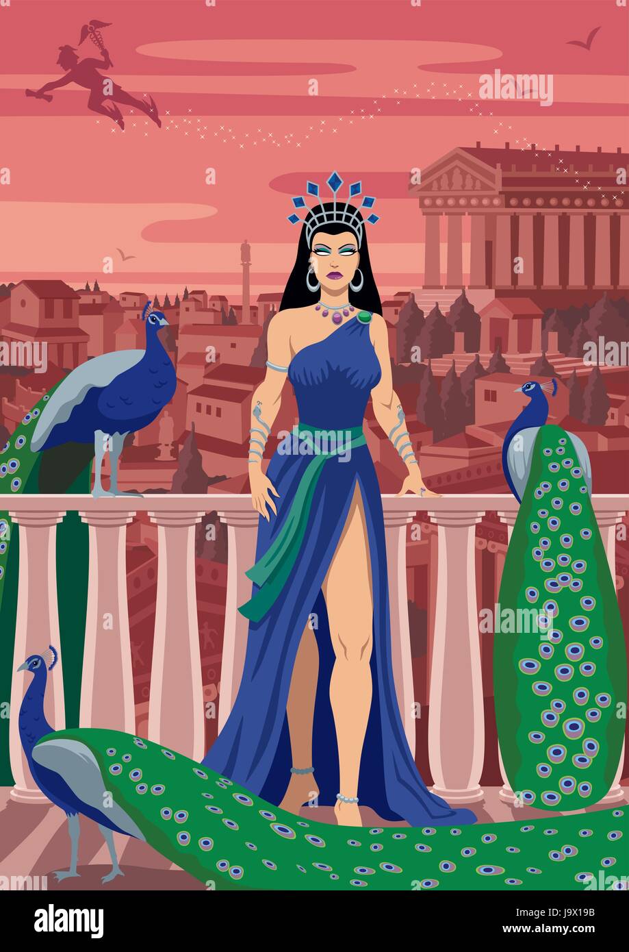 Hera, Queen of the Greek gods, among her favorite birds. Stock Vector