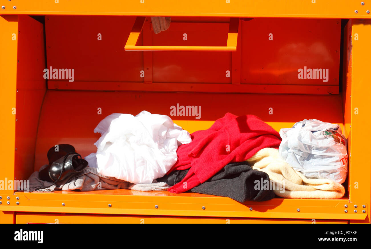 Old clothes collection, Container Stock Photo