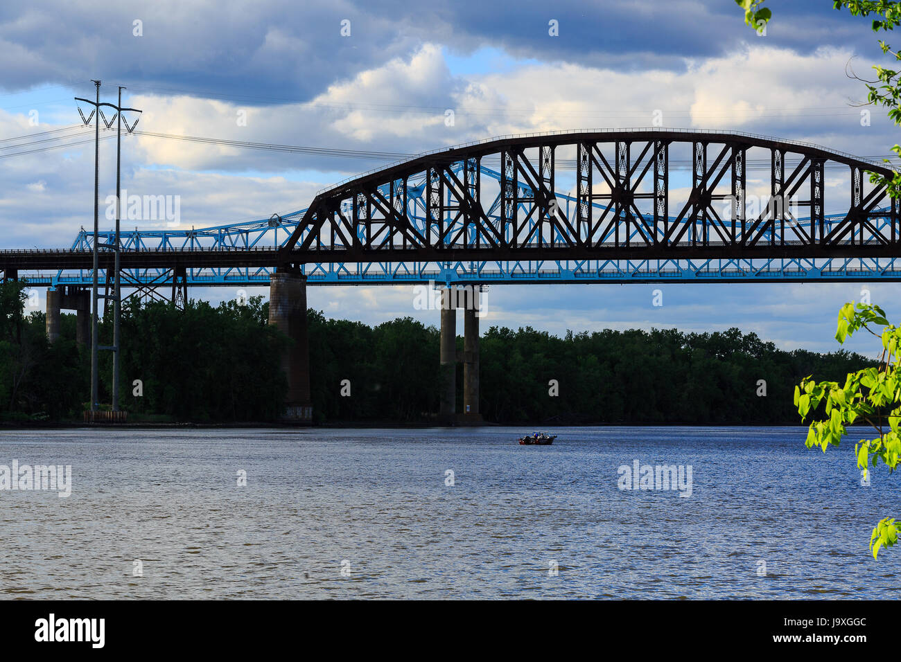 Newly renovated metal car and train bridges over Hudson River at