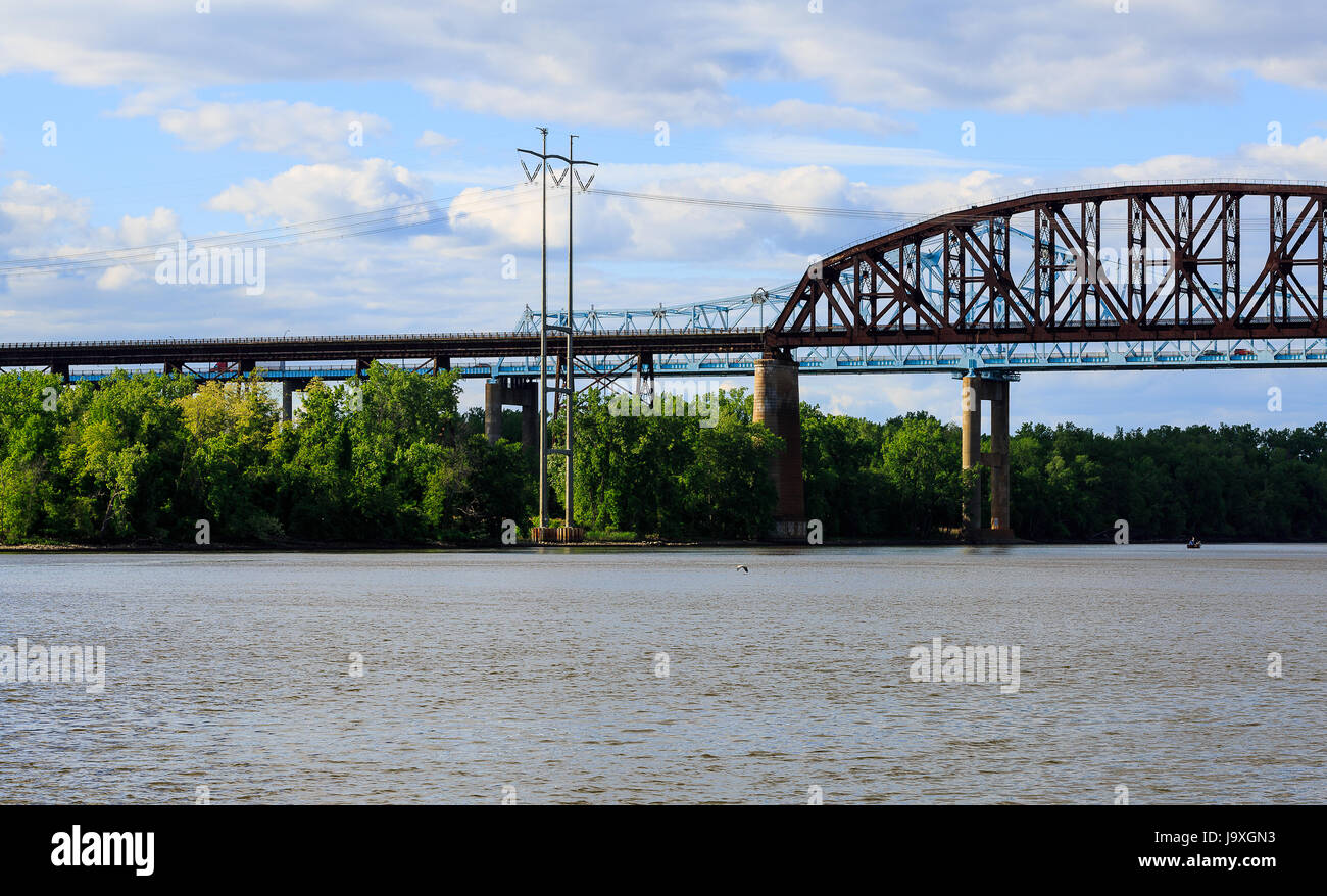 Newly renovated metal car and train bridges over Hudson River at