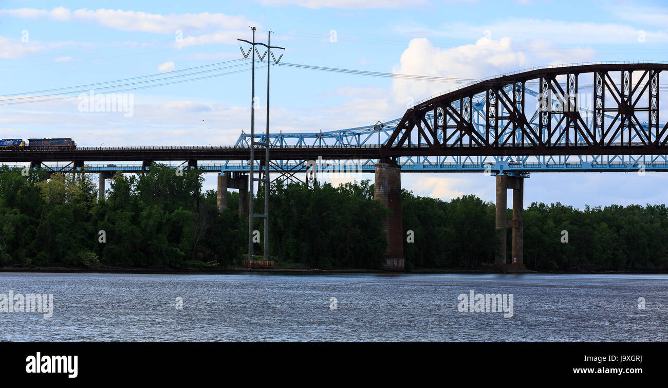 Newly renovated metal car and train bridges over Hudson River at