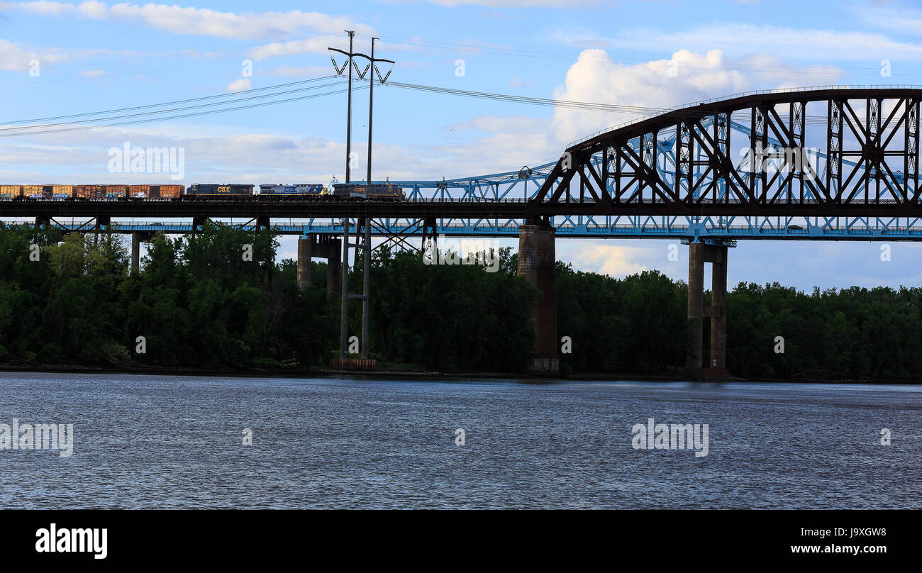 Newly renovated metal car and train bridges over Hudson River at