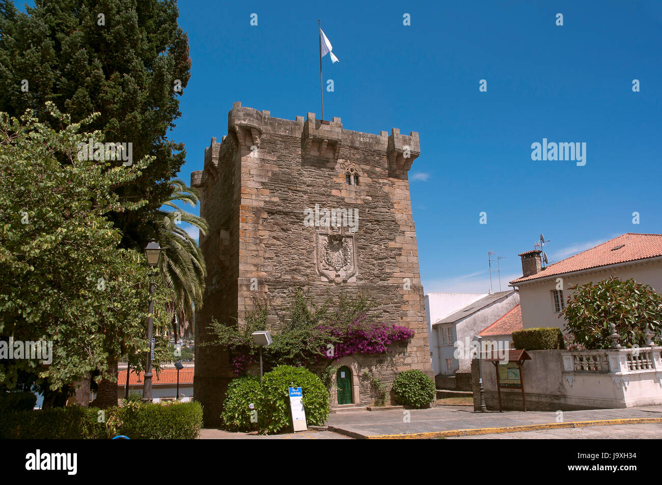 Urban view with Andrade tower -14th century, Pontedeume, La Coruna province, Region of Galicia, Spain, Europe Stock Photo