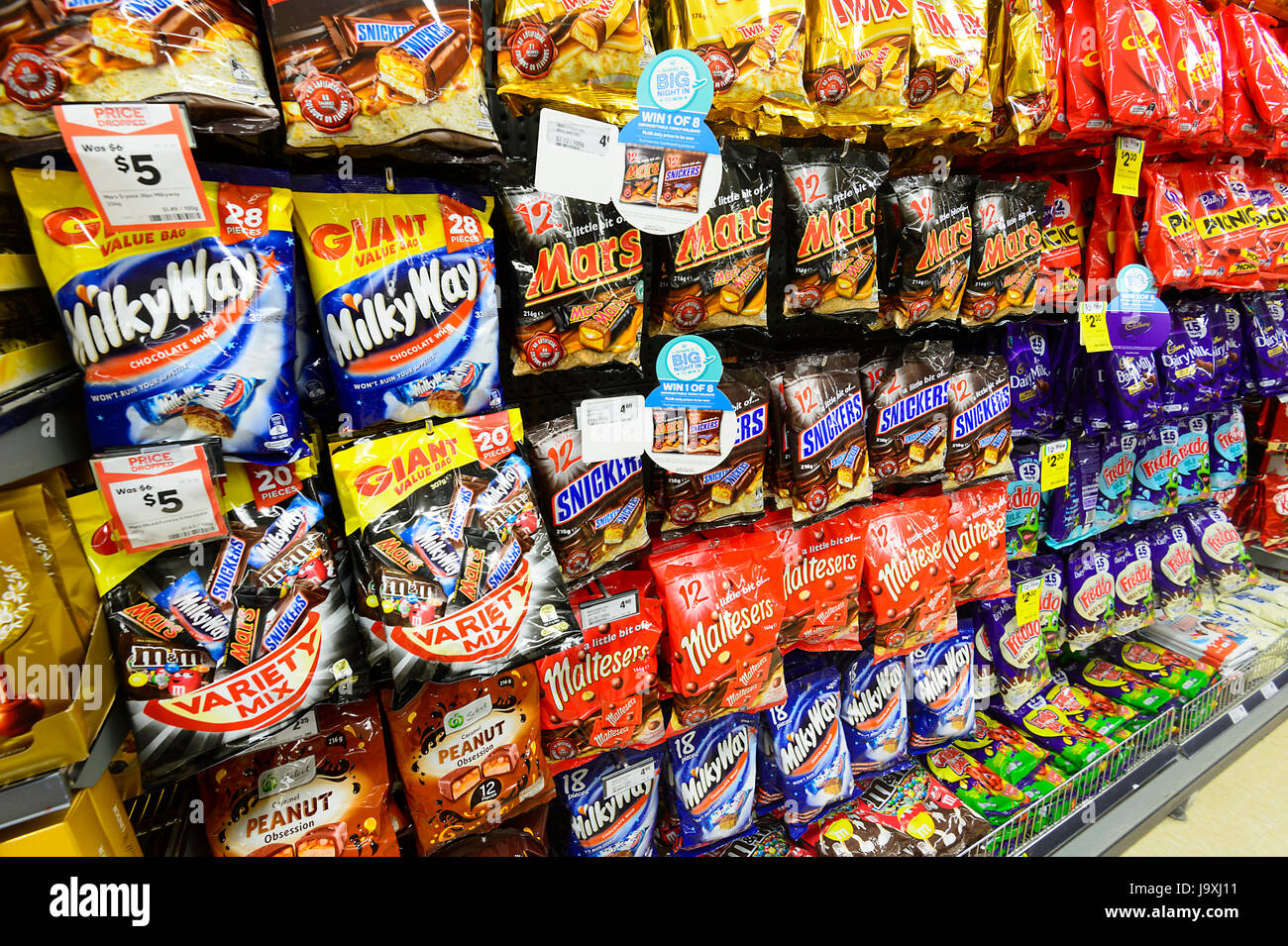 Chocolate Bars and Confectionery displayed at a supermarket, New South Wales, NSW, Australia Stock Photo