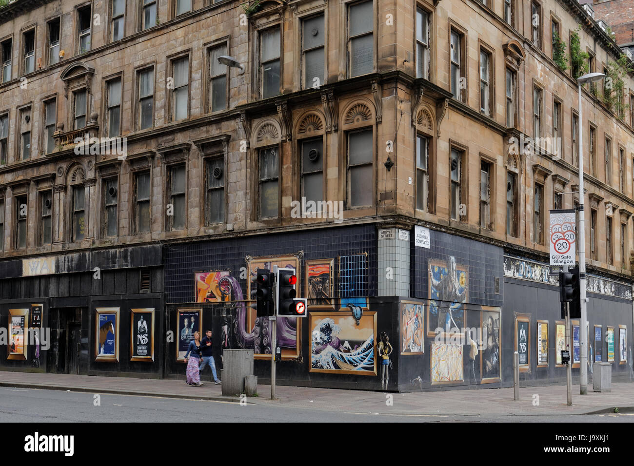 Glasgow public art graffiti commissioned on Argyle street with art murals on site of building to be demolished for new hotel Stock Photo
