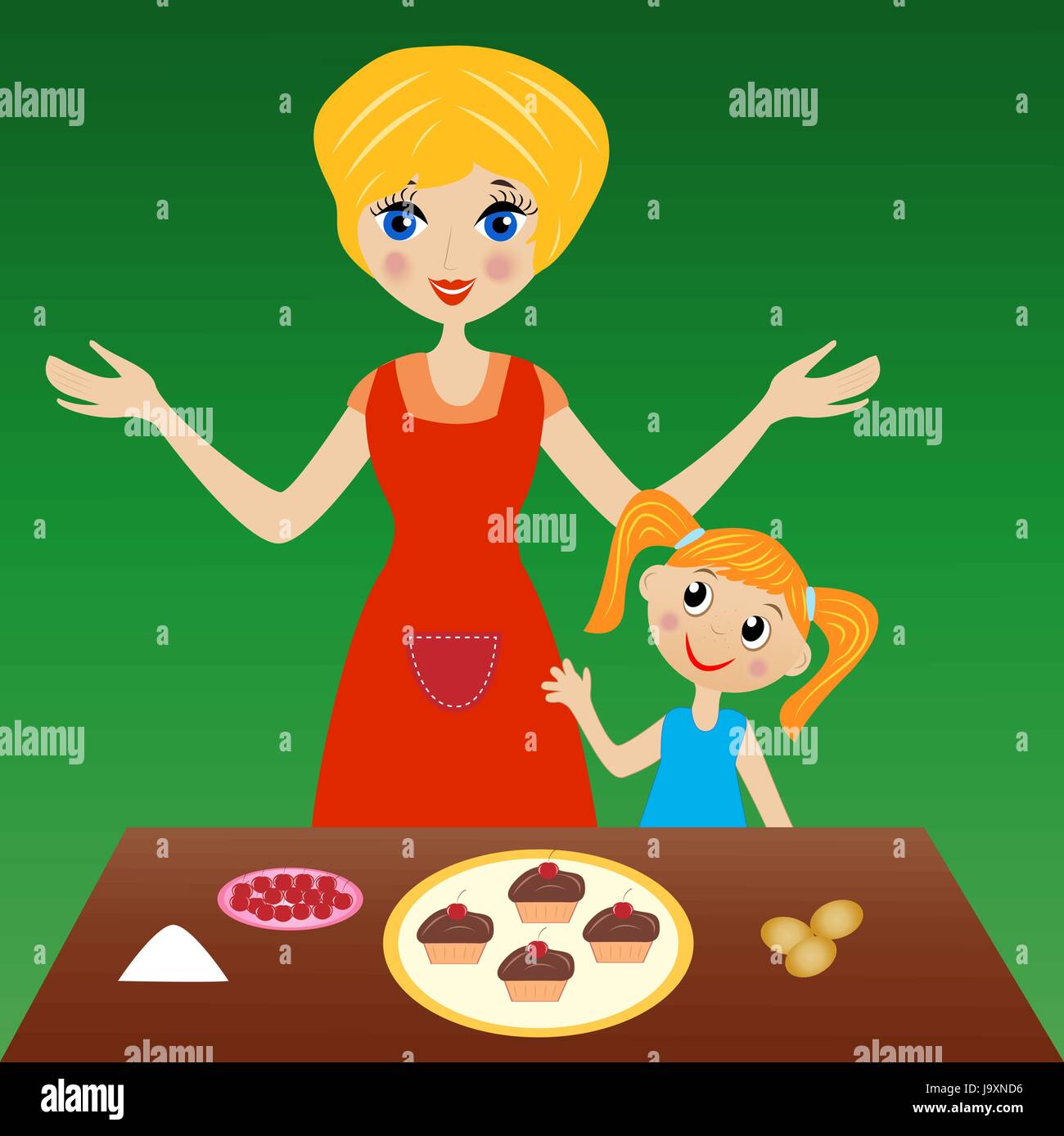 mother with little daughter prepare delicious cake, vector illustration Stock Vector