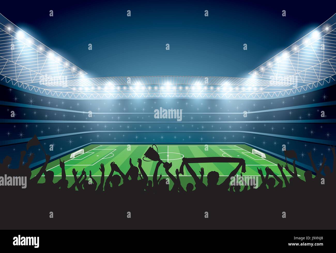 Excited crowd of people at a soccer stadium. Football stadium. Soccer