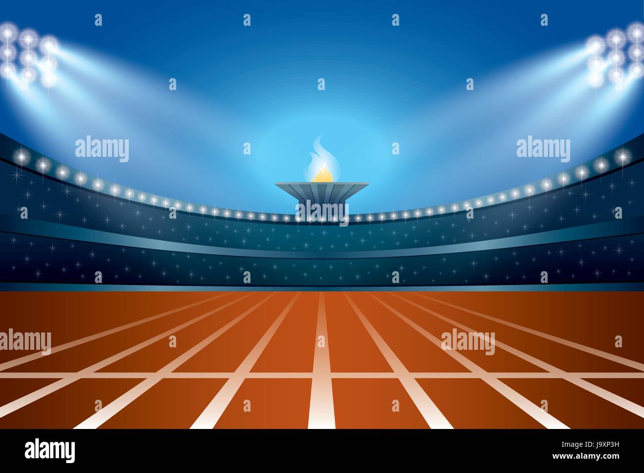 Athletics stadium with track at general front night view. Ceremony Event Athletes on Torch Background. Vector Illustration Stock Vector