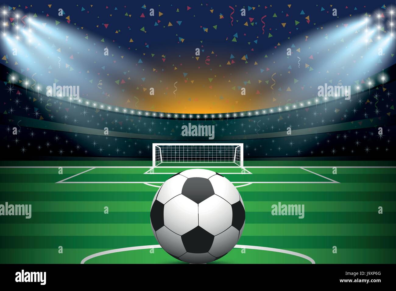 Soccer ball with soccer stadium and confetti background. Vector illustration Stock Vector Image