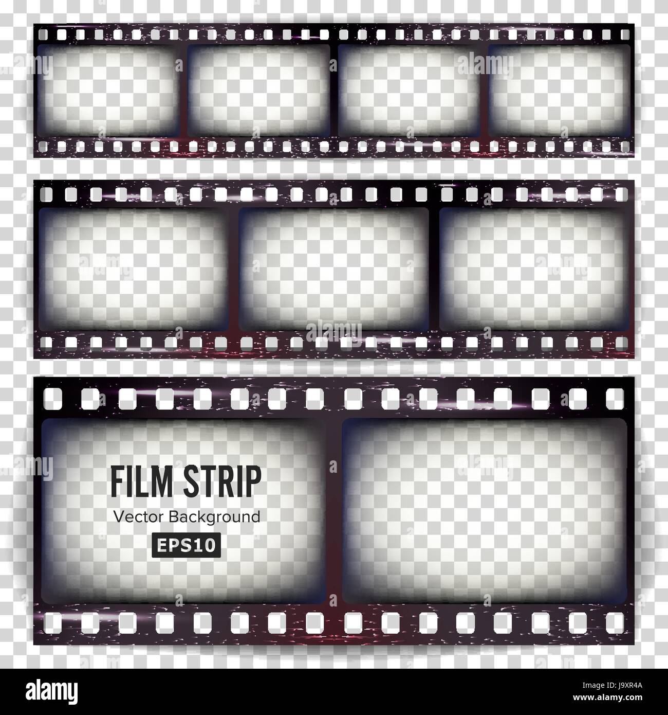 Film Strip Vector. Set Realistic Frame Blank Scratched Isolated On