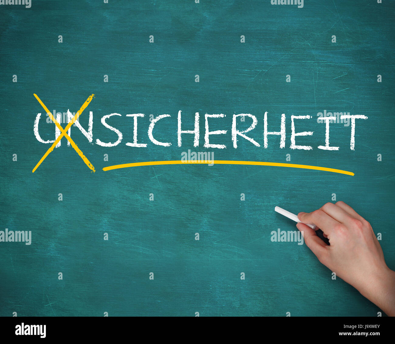 Hand crossing out unsicherheit on a green board Stock Photo