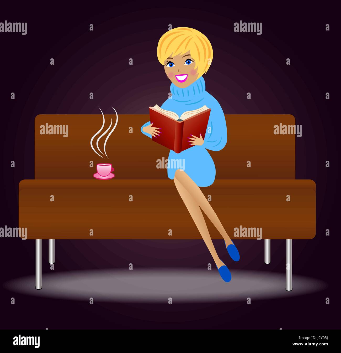 young woman with book and cup of tea sit on sofa, vector illustration Stock Vector