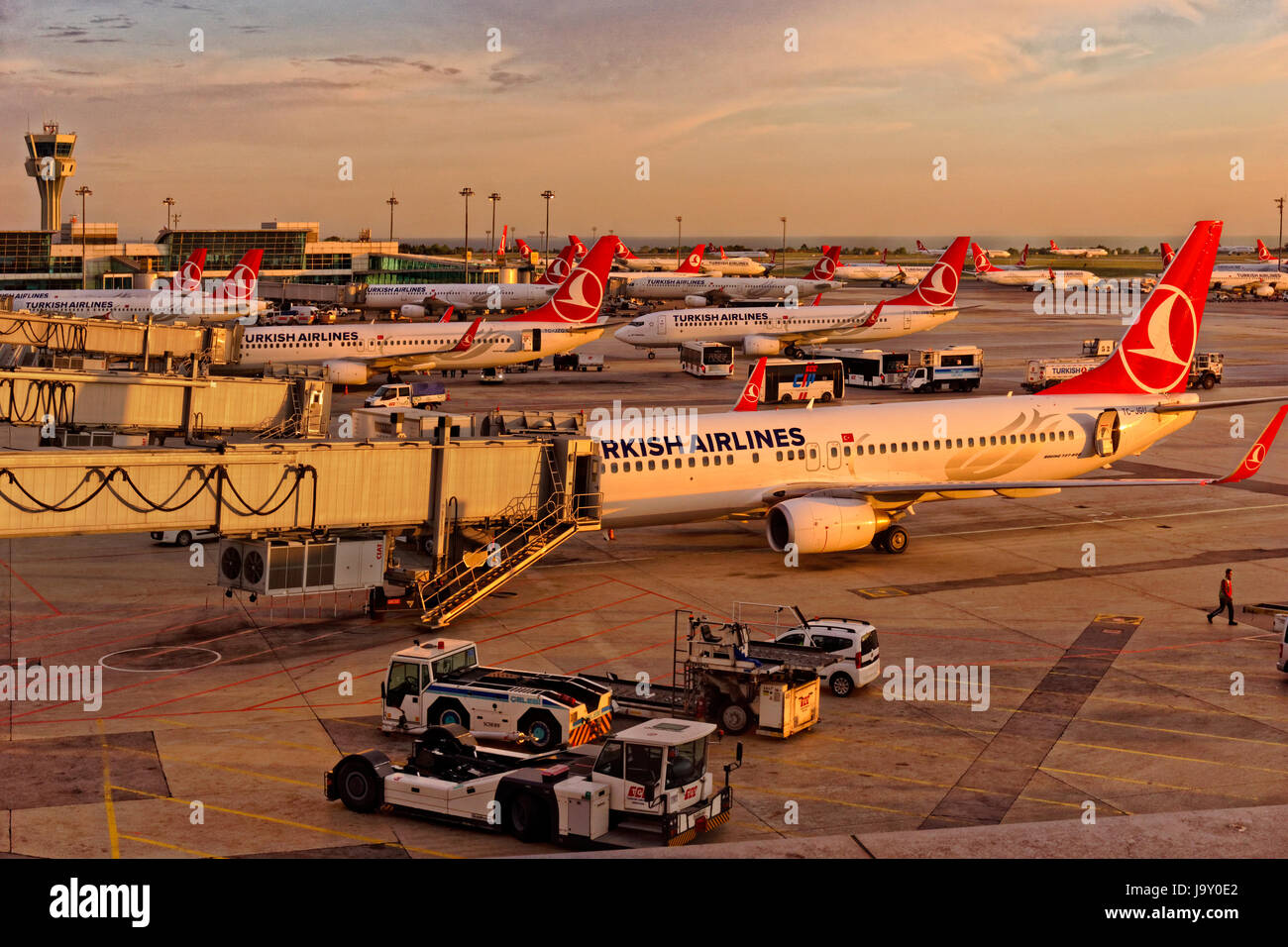 Air-side Turkish Airlines hub at Istanbul Ataturk Airport, Turkey. Stock Photo