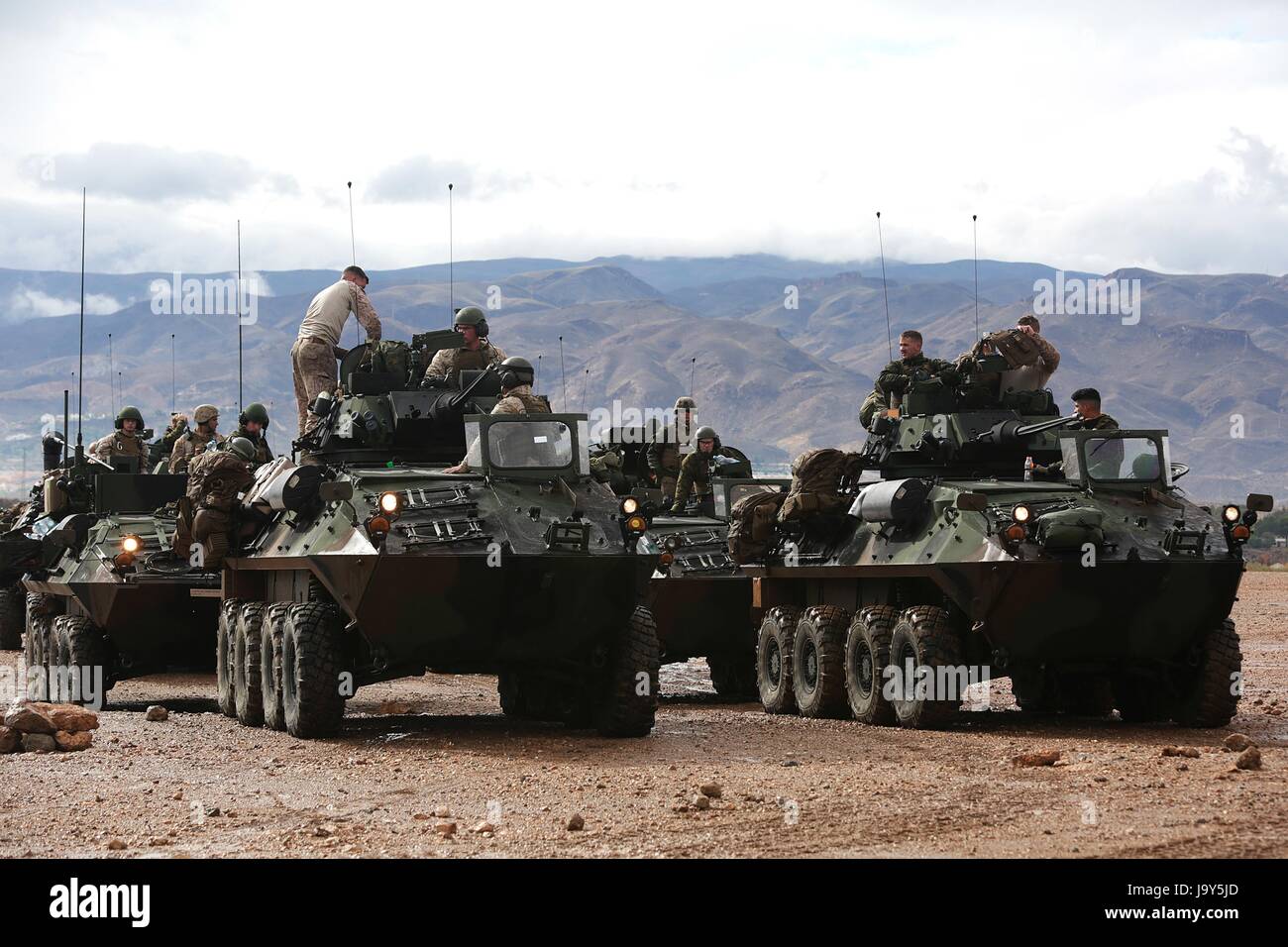 U.S. Marine soldiers in light armored vehicles arrive at the Alvarez de Sotomayor military base during exercise Trident Juncture October 26, 2015 in Almeria, Spain.    (photo by Chad McMeen /US Marines via Planetpix) Stock Photo
