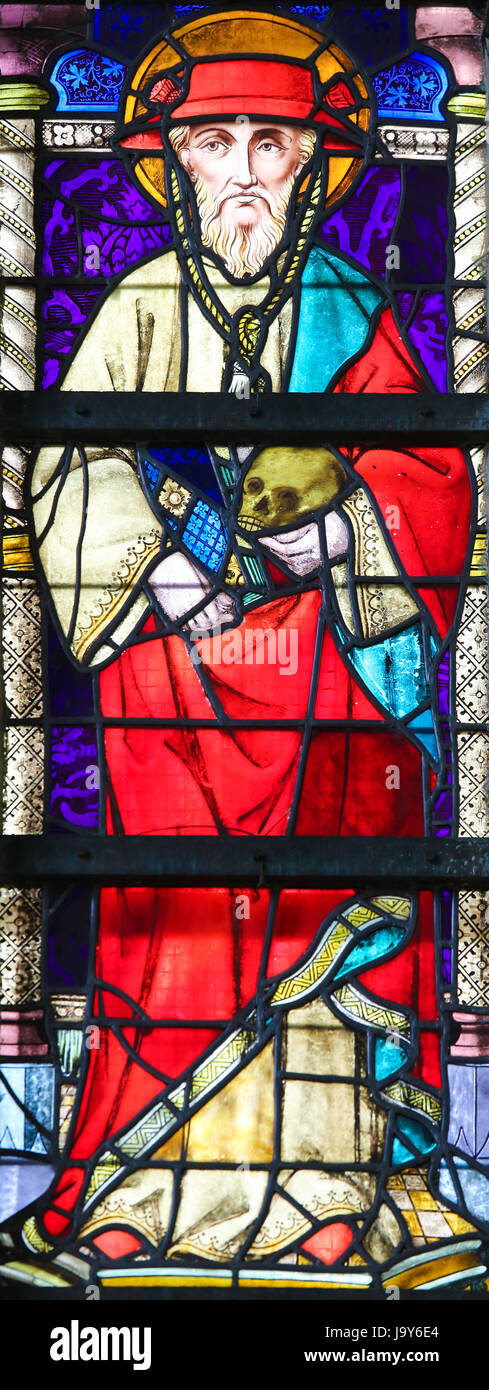 Stained Glass window in St Gummarus Church in Lier, Belgium, depicting Saint Jerome or Hieronymus holding a skull Stock Photo