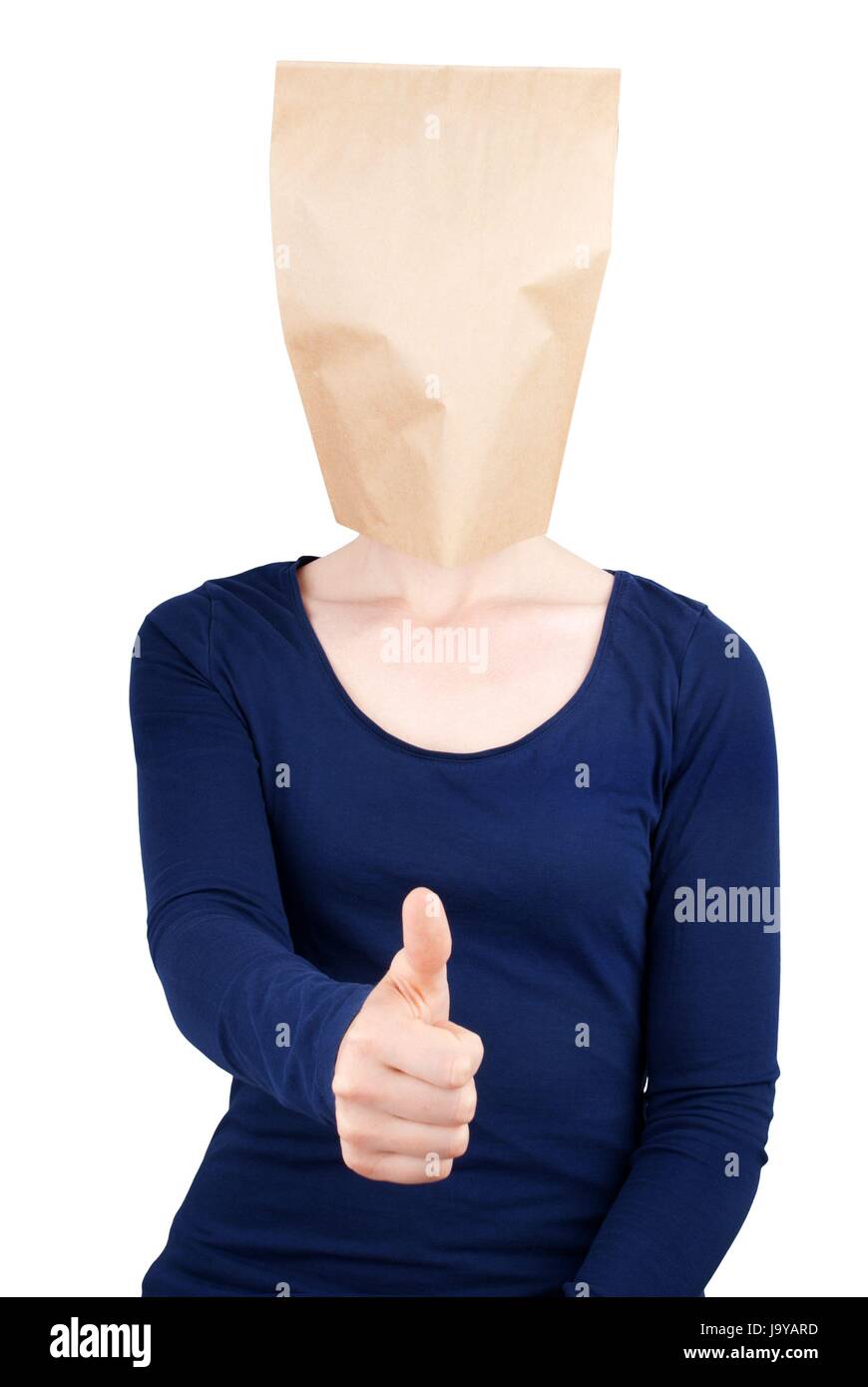 a person with a blank paper bag head showing one thumb up, isolated