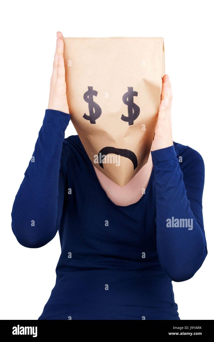 a dollar paper bag head in desperation, isolated Stock Photo Alamy