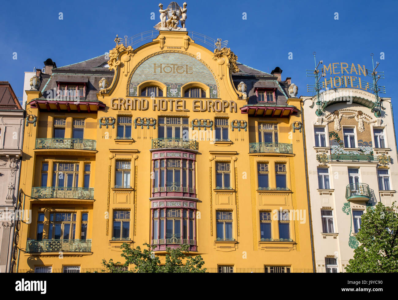 Grand old hotels on Wenceslas Square in Prague, Czech Republic Stock Photo