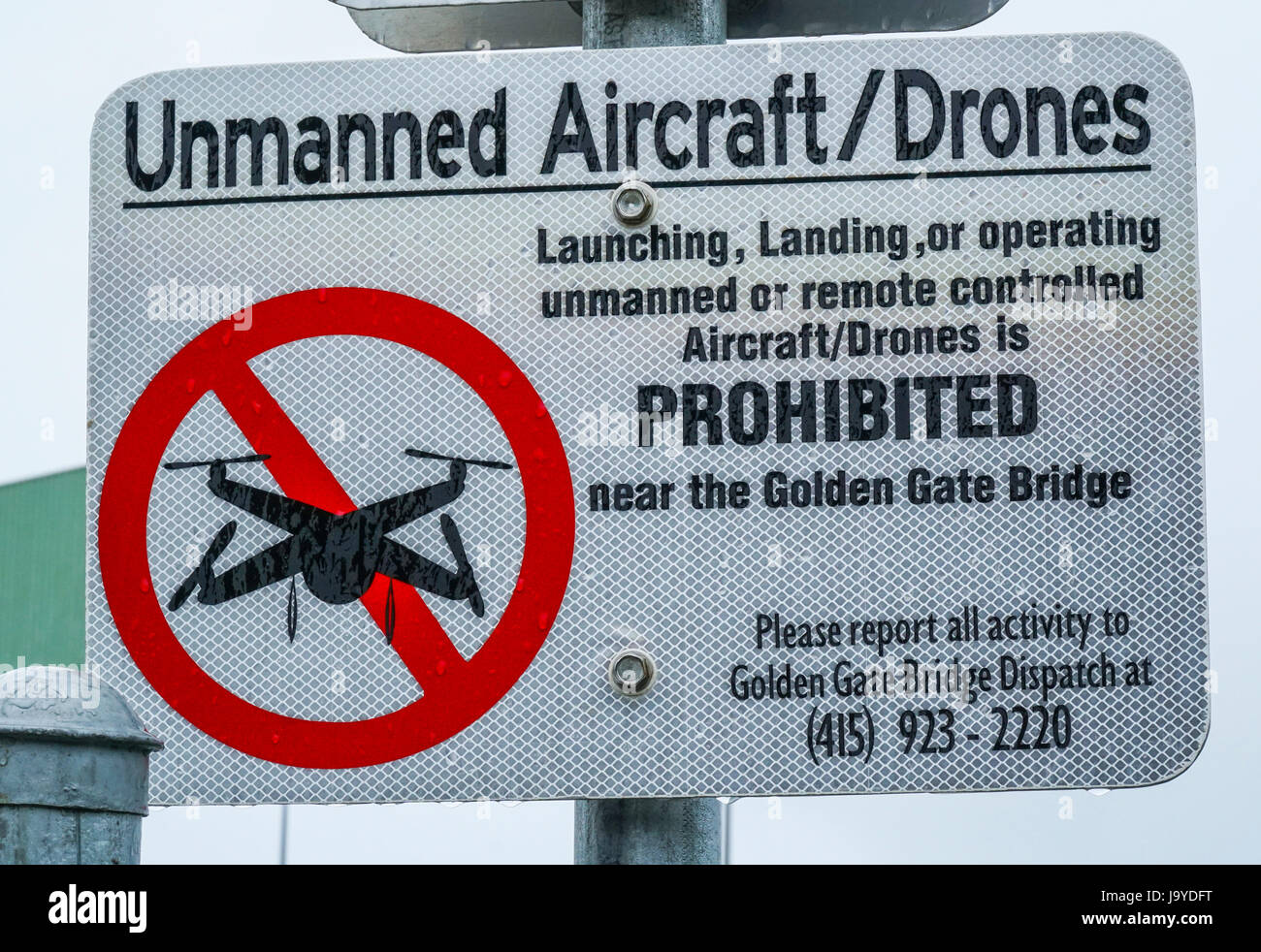 Warning sign No drones allowed near Golden Gate Bridge SAN