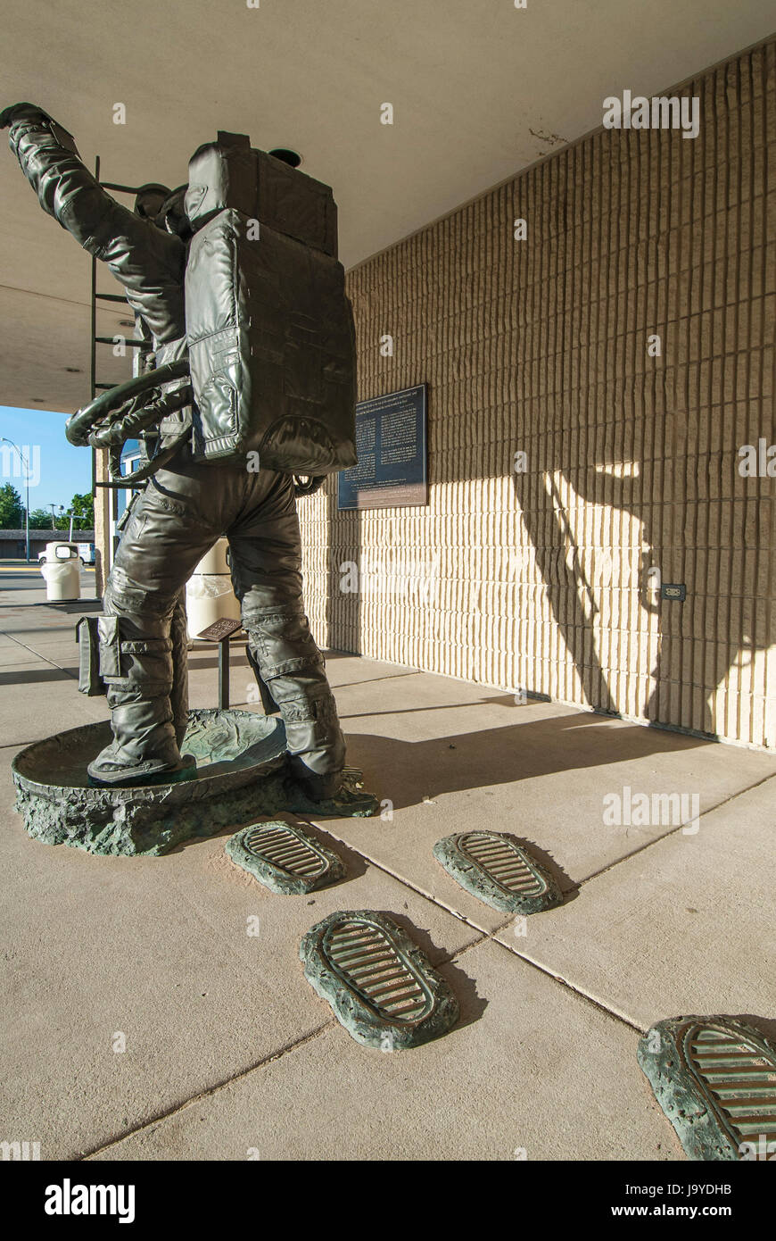 Bronze statue of astronaut Eugene Cernan walking on the moon, Kansas Cosmosphere and Space Center, Hutchinson, Kansas. Stock Photo