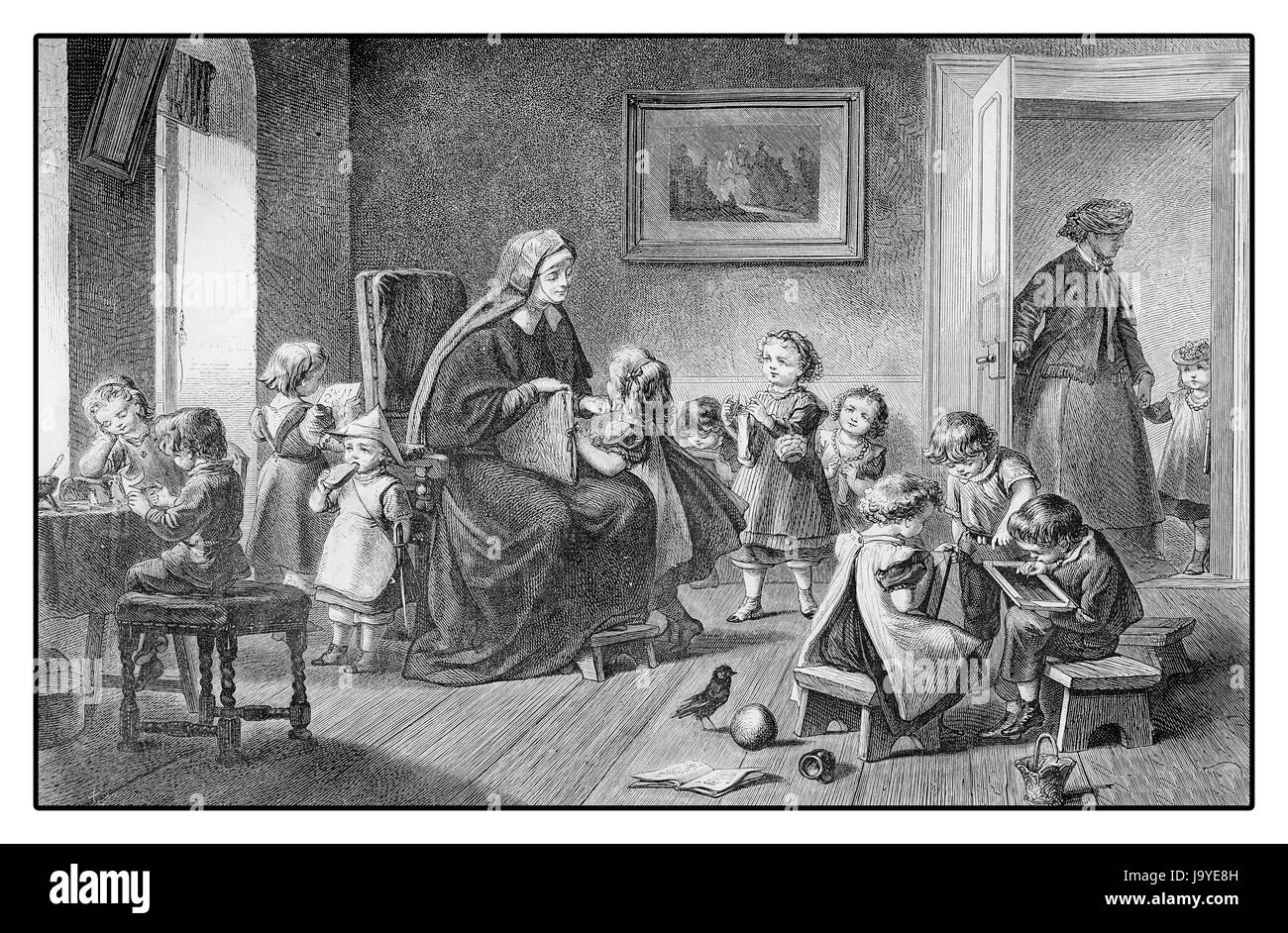 XIX century engraving, Nursery scene: young nun entertains toddlers at playschool Stock Photo