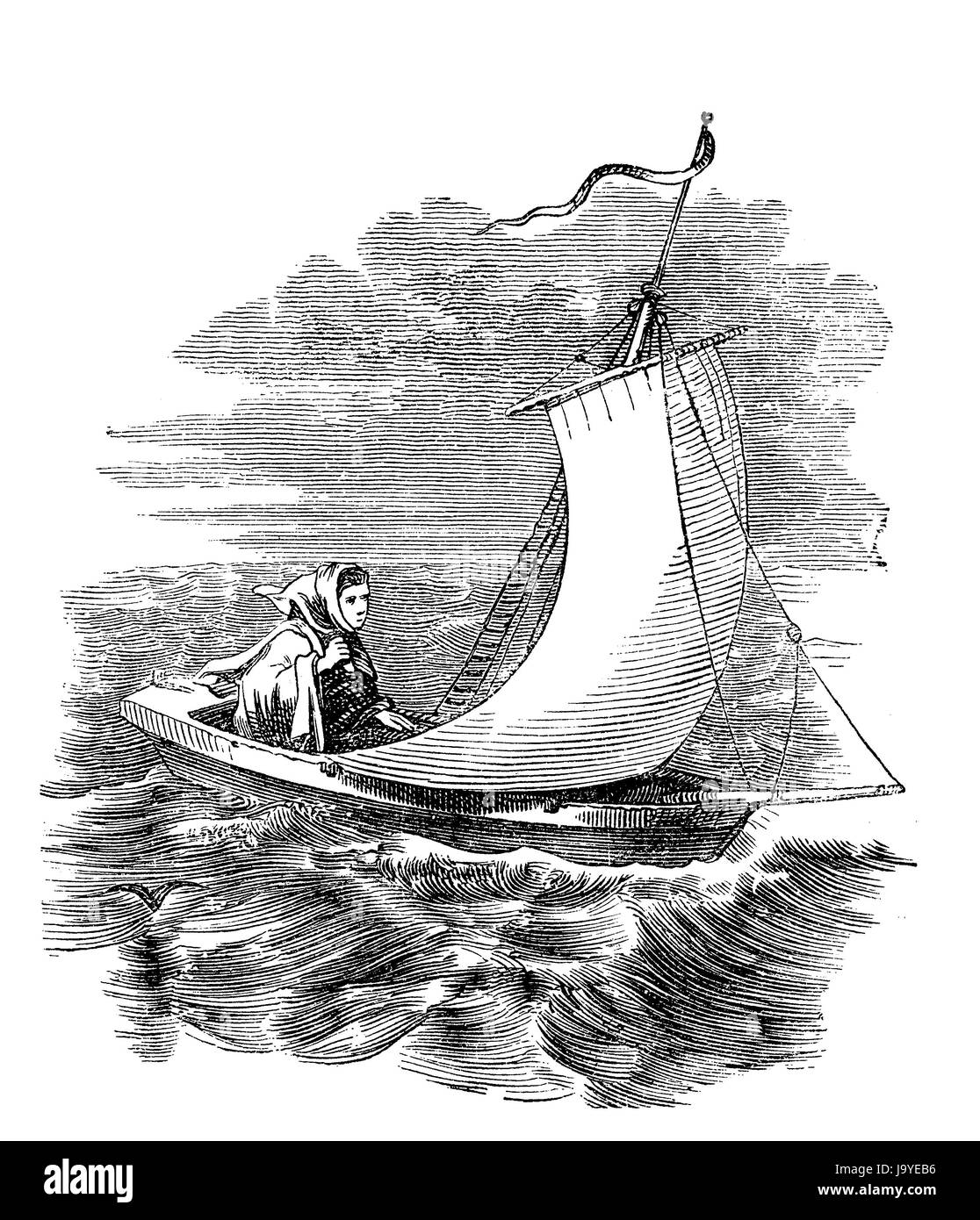 Farewell,young woman leaving in sailboat toward the stormy weather,XIX century engraving Stock Photo