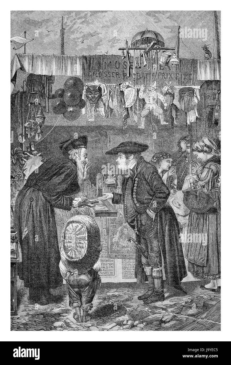 Negotiating at fair market, XIX century engraving Stock Photo