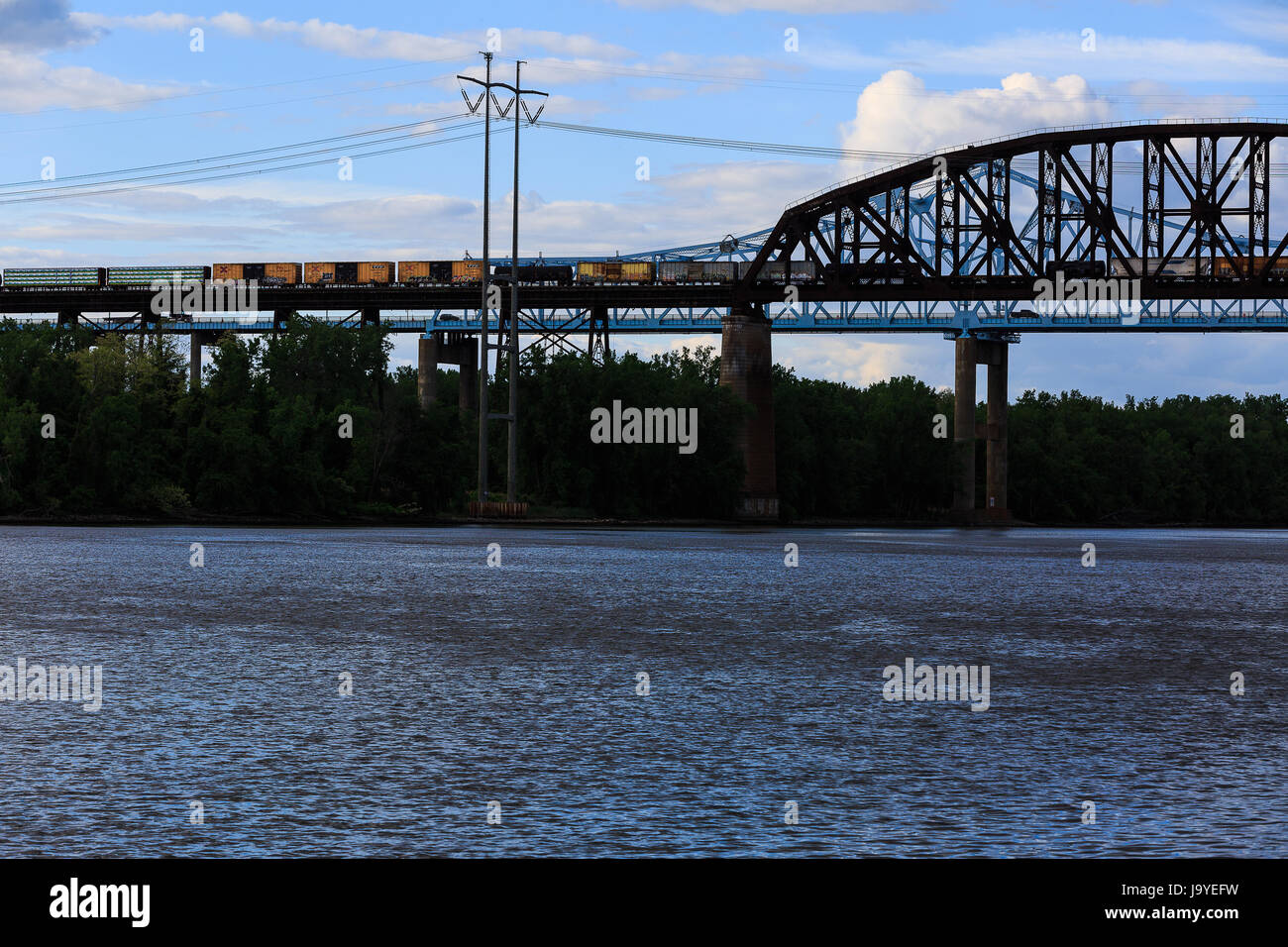 Newly renovated metal car and train bridges over Hudson River at