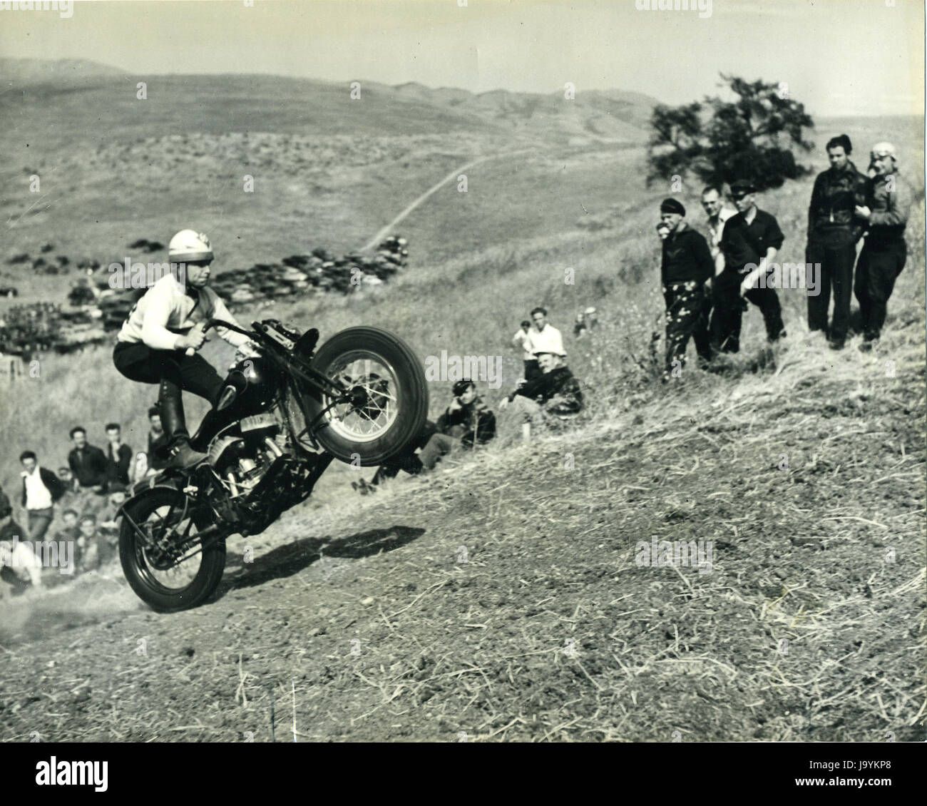 Santa Clara County, California, April 5, 1940-Members of a Motorcycle Club prepare to race in a hill climb. Stock Photo