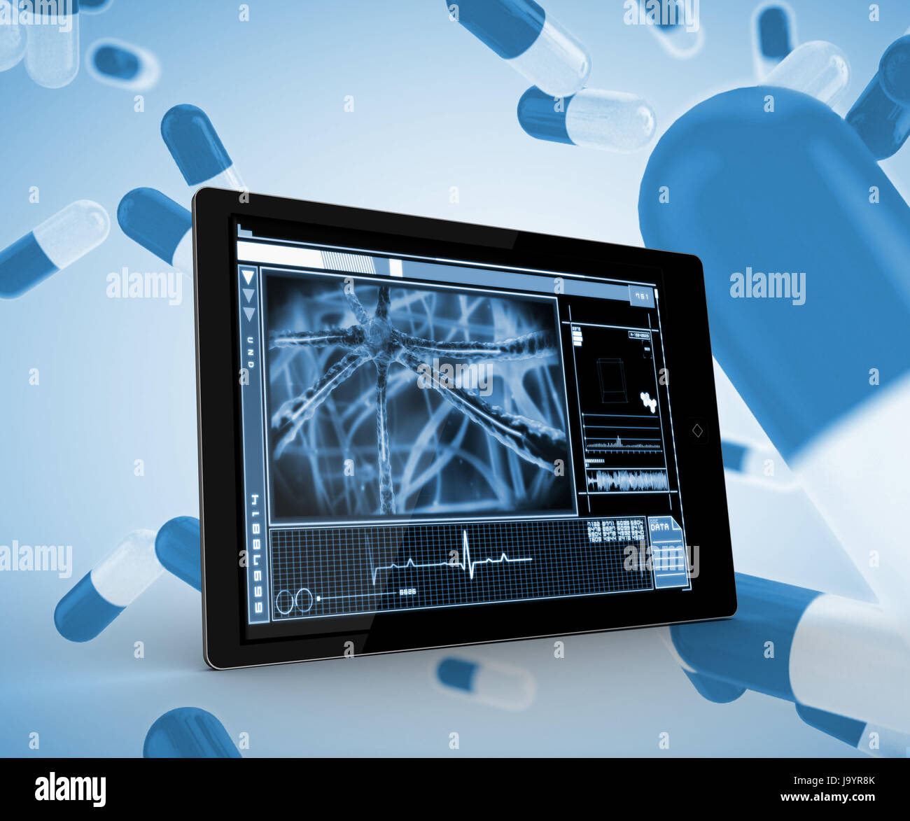 Cells on a digital tablet on a digitally generated background Stock ...