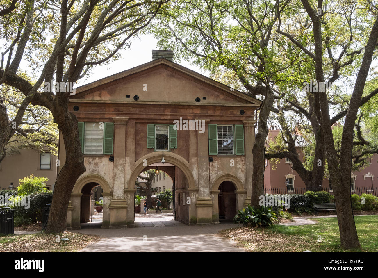 Porters Lodge entrance to the Cistern yard at the College of Charleston in Charleston, South Carolina. The college is a public, sea-grant and space-grant university located in historic downtown Charleston, South Carolina. Founded in 1770 and chartered in 1785, the university's name reflects its history as the oldest college in South Carolina and the oldest municipal college in the country. Stock Photo