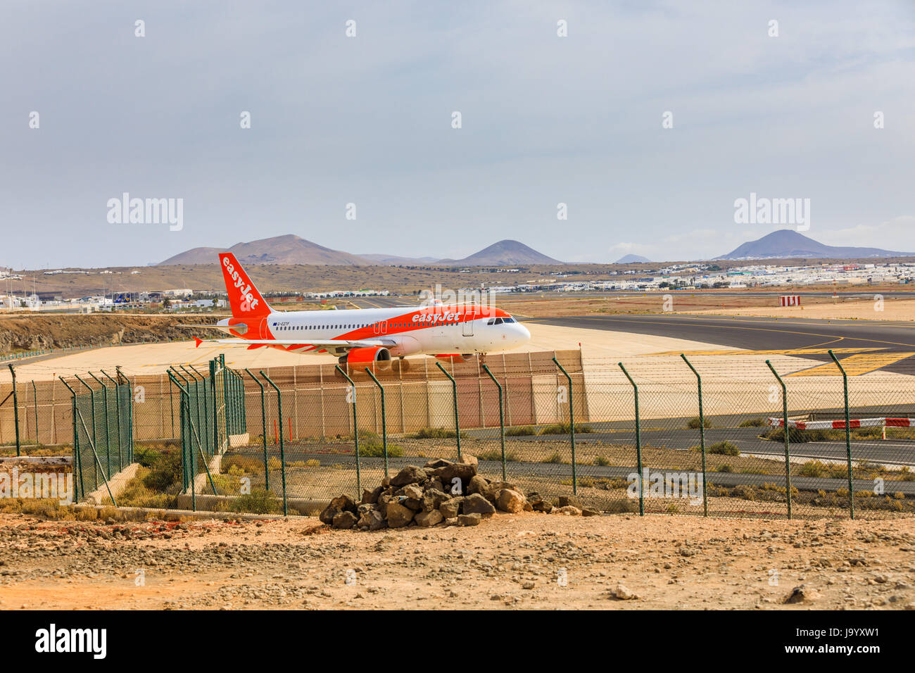 ARECIFE, SPAIN - APRIL, 15 2017: AirBus A319-100 of easyjet ready to take off at Lanzarote Airport Stock Photo