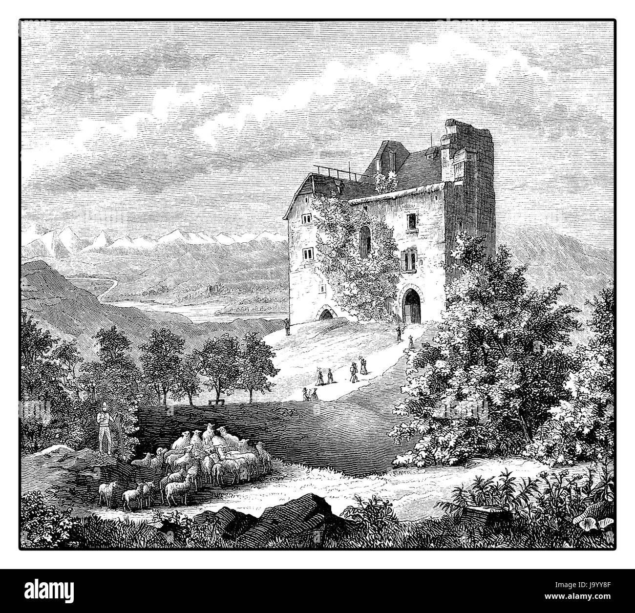 Habsburg castle (built 1020-1030) medieval fortress in Canton of Aargau - Switzerland, vintage engraving Stock Photo