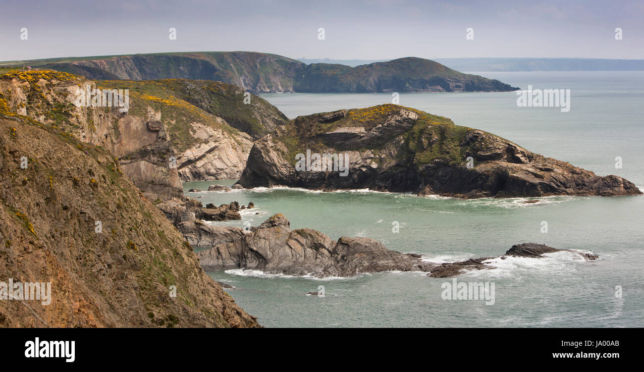 UK, Wales, Pembrokeshire, Solva, Nine Wells, rocky headlands in Saint Bride’s Bay, panorama Stock Photo