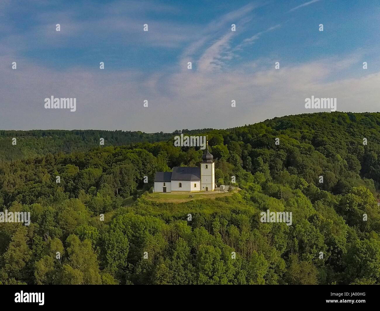 Aerial photo of the Vexier-chapel near the village of Reifenberg at the franconian suisse, Germany - Bavaria Stock Photo
