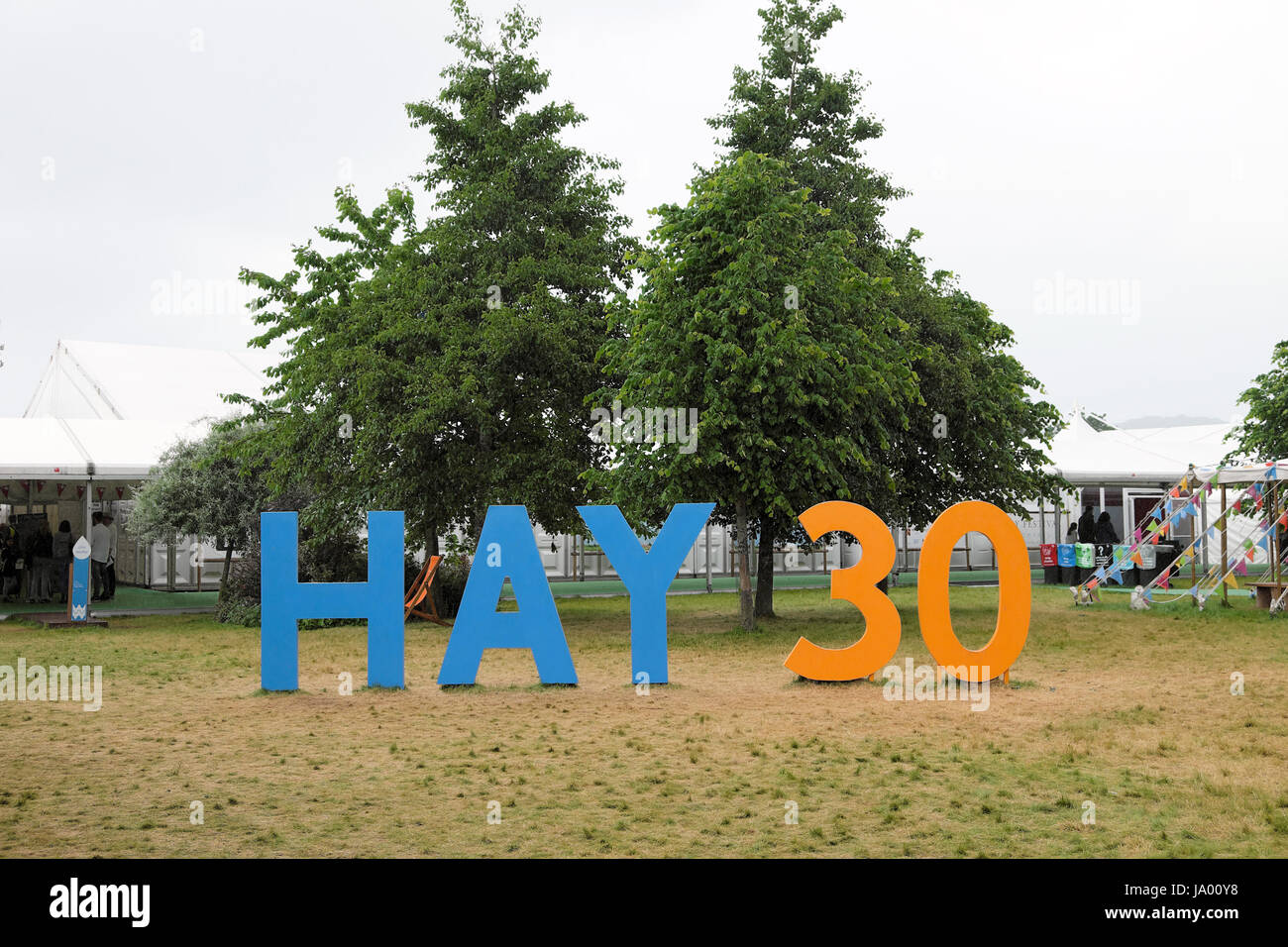 The Hay 30 anniversary sign celebrating 30 years of the Hay Literary Book Festival  2017 in Hay-on-Wye  Wales UK    KATHY DEWITT Stock Photo