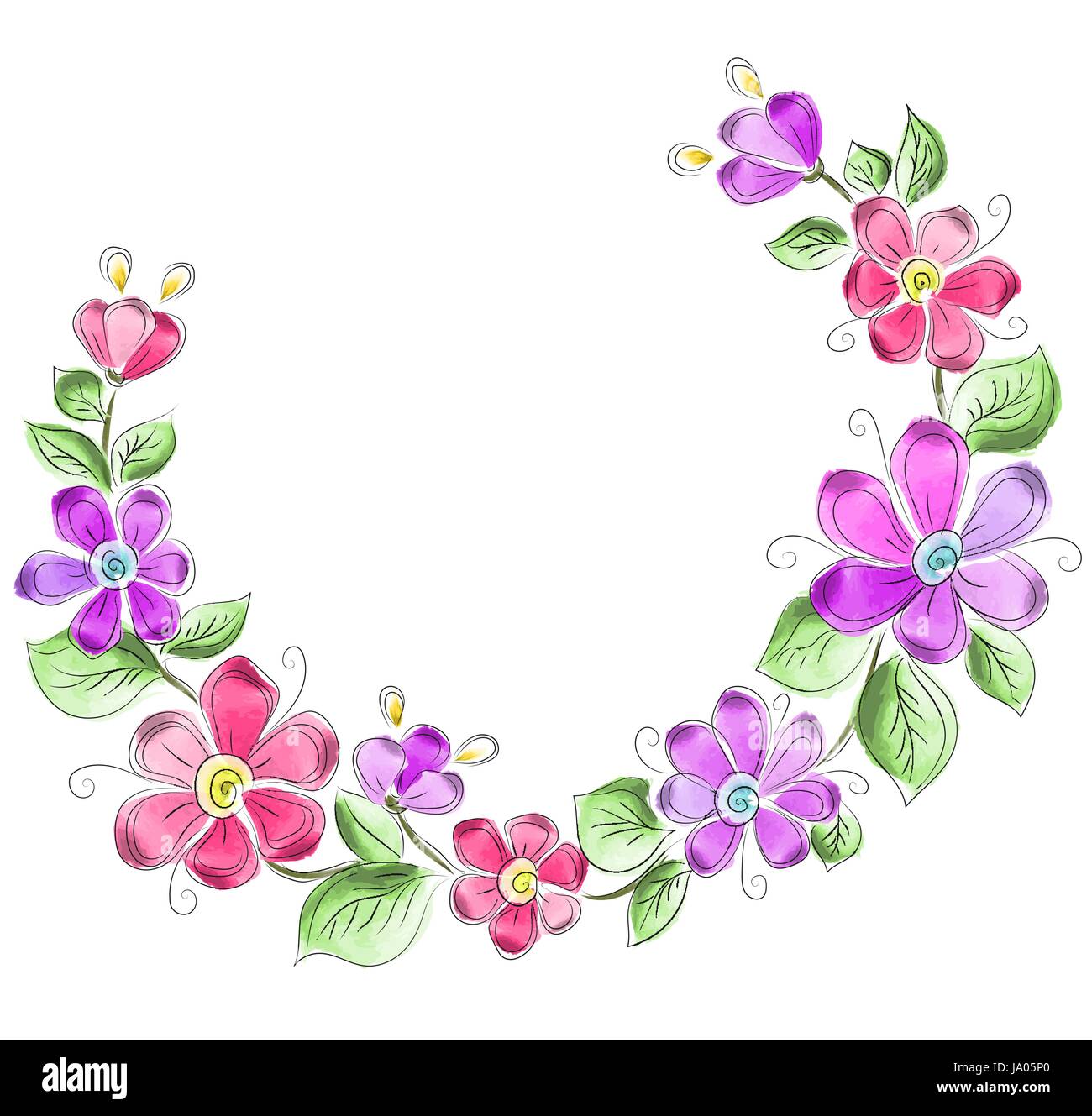 Vector illustration of wreath of flowers in watercolor style with white ...