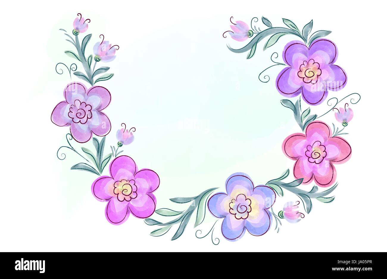 Vector illustration of wreath of flowers in watercolor style with white ...