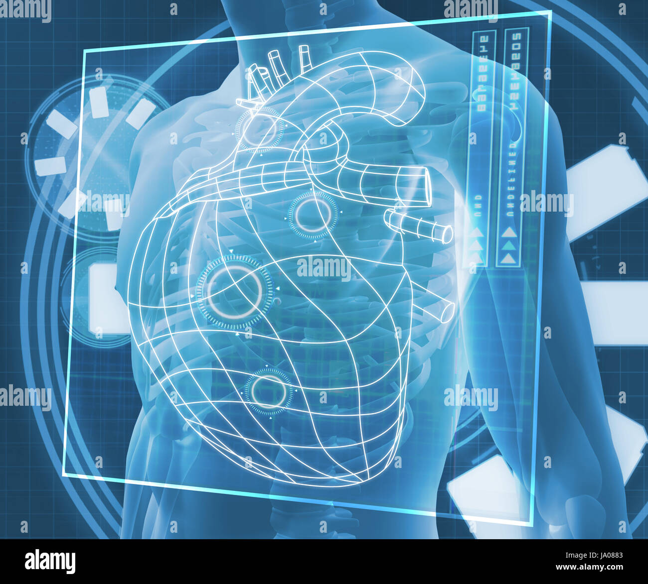 Blue digital body against a blue digital background with heart diagram ...