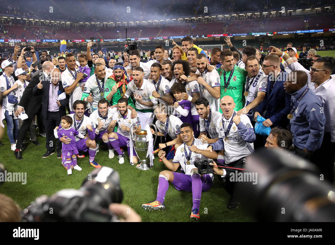 Real Madrid celebrate with the trophy during the UEFA Champions League ...
