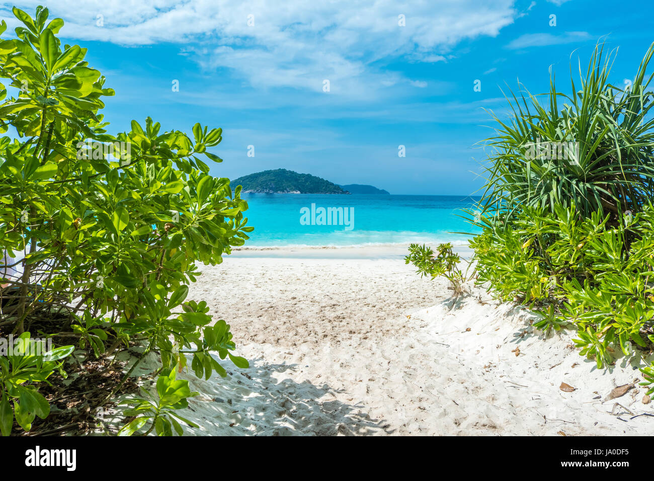 Beautiful view with blue sky and clouds, blue sea and white sand beach ...