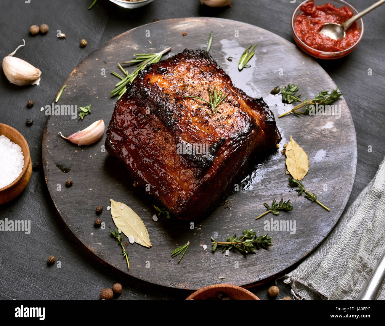 Bbq pork, grilled meat on wooden board Stock Photo