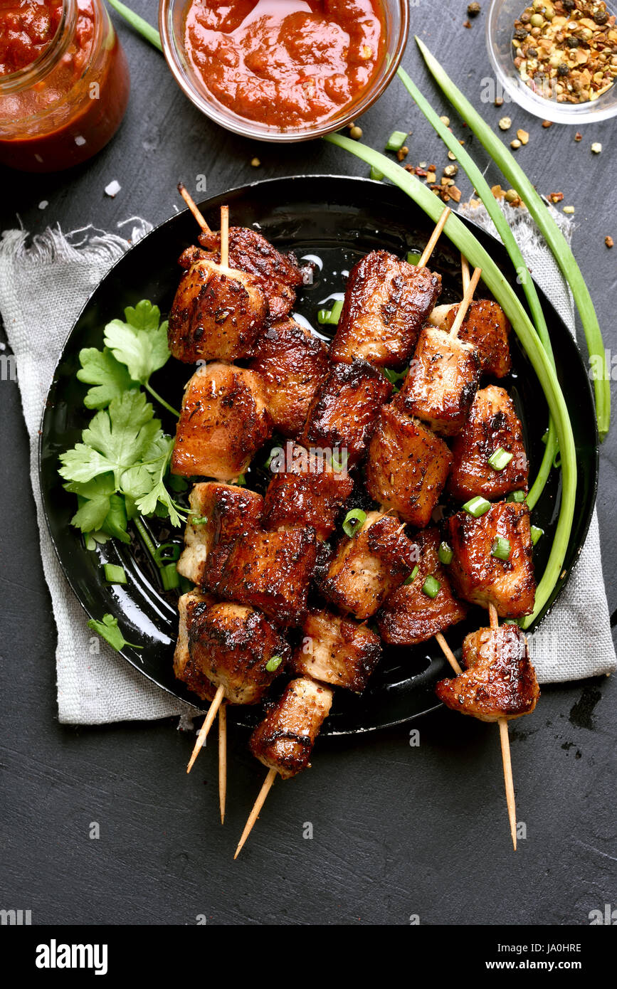 Pork kebabs, bbq meat on plate, top view Stock Photo Alamy