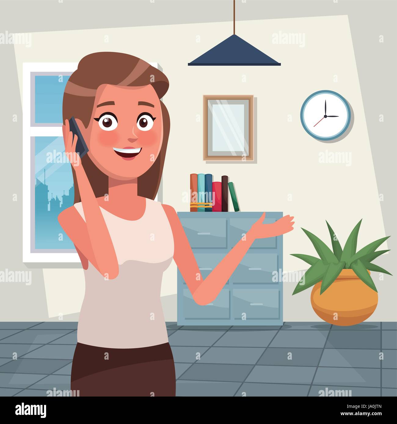 color background workplace office half body elegant executive woman talking to cellphone Stock Vector