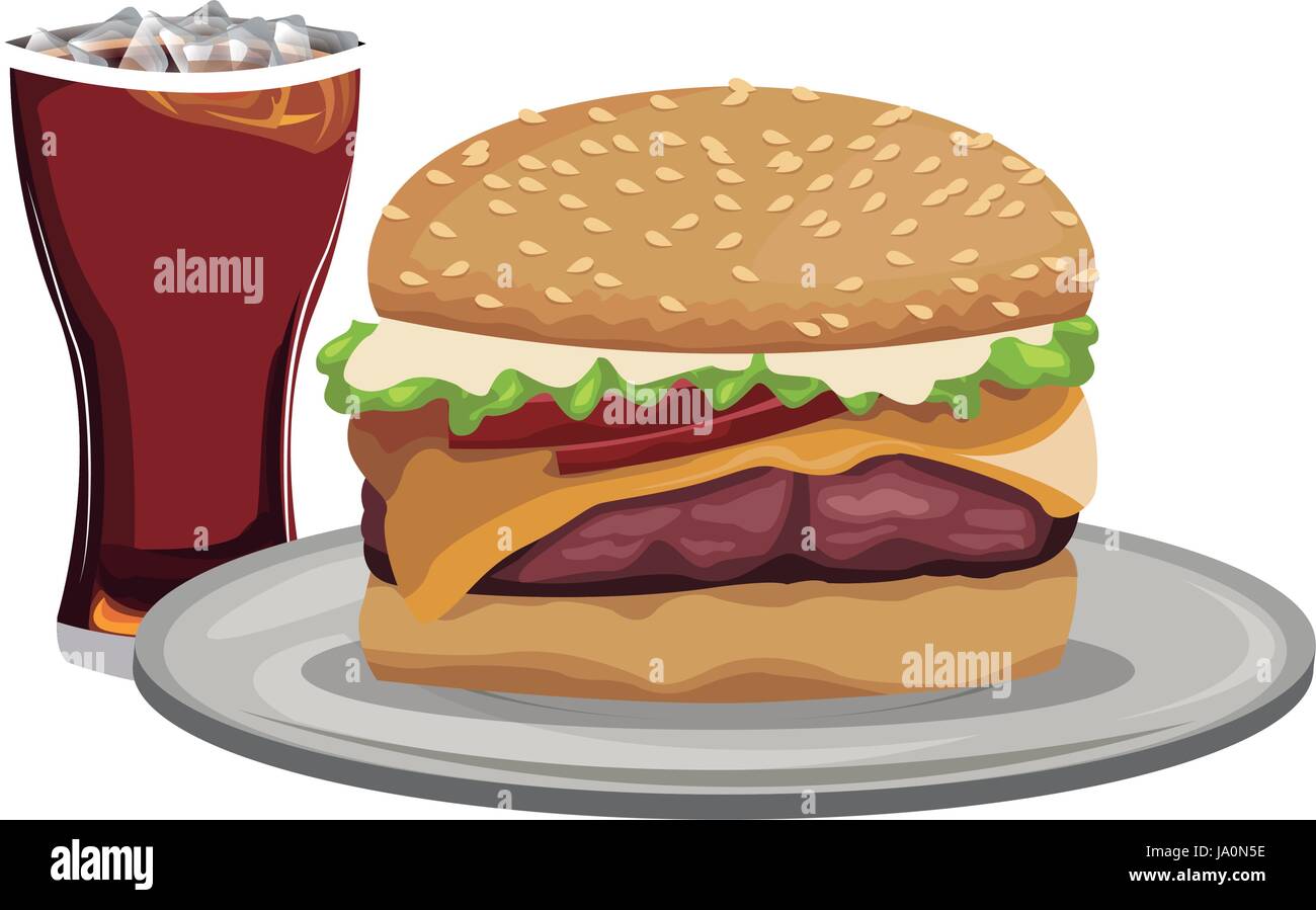 fast food burger cheese sauce and soda with ice Stock Vector Image