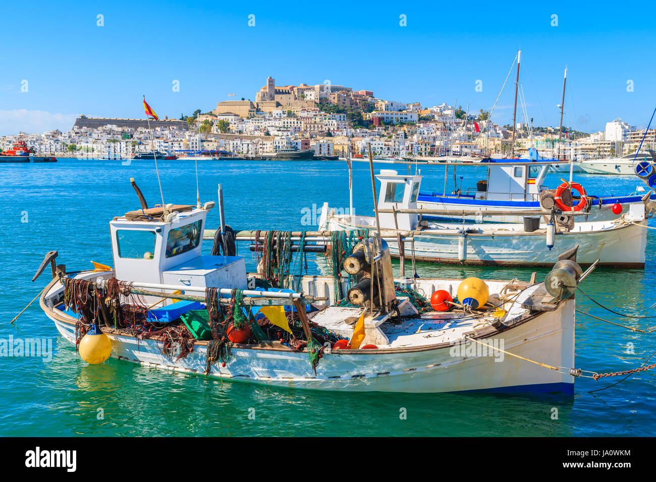 Fishing boats in Ibiza (Eivissa) port on Ibiza island, Spain Stock Photo