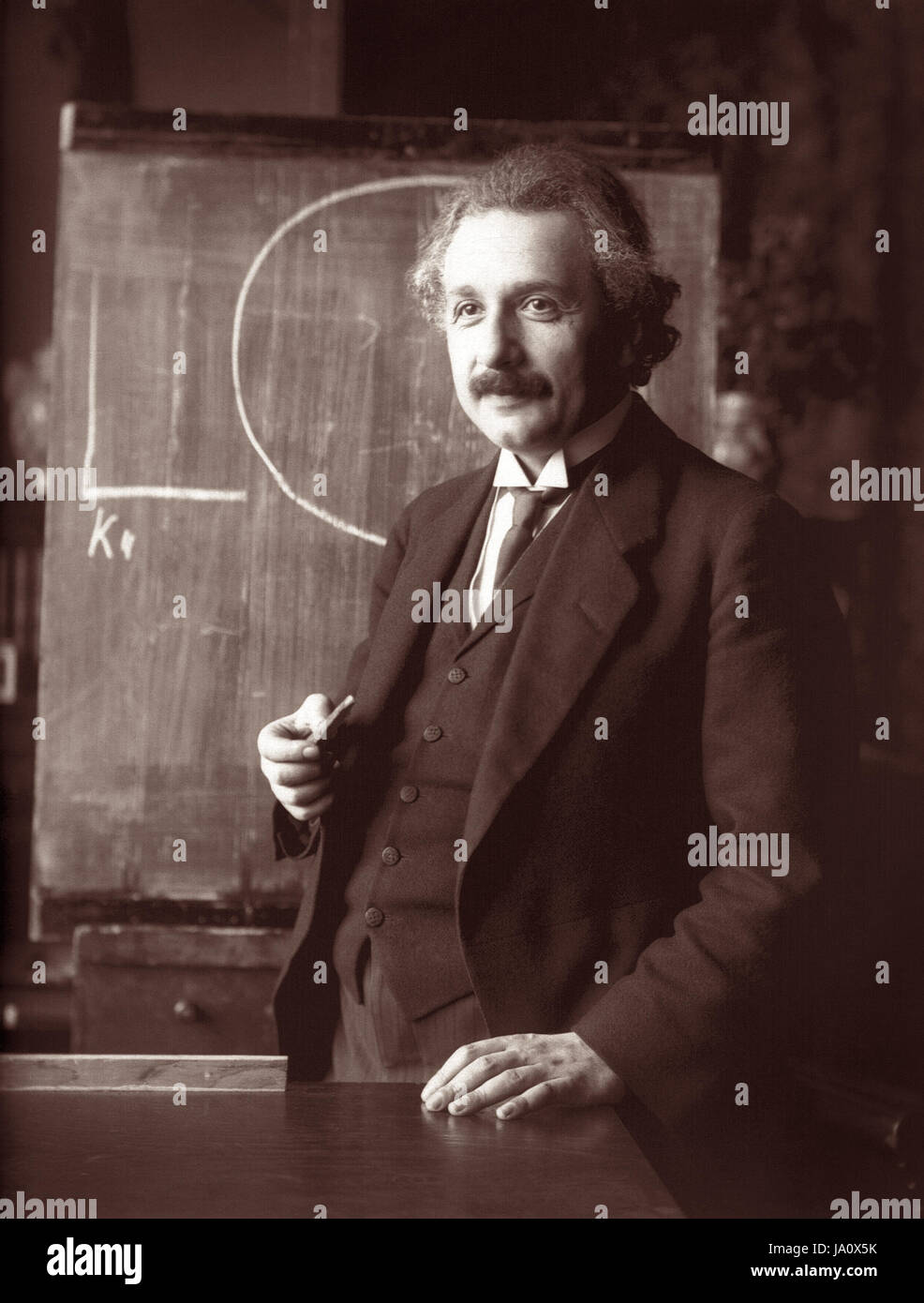 Albert Einstein at age 42 during a lecture in Vienna in 1921, the year he won the Nobel Prize in Physics. Stock Photo