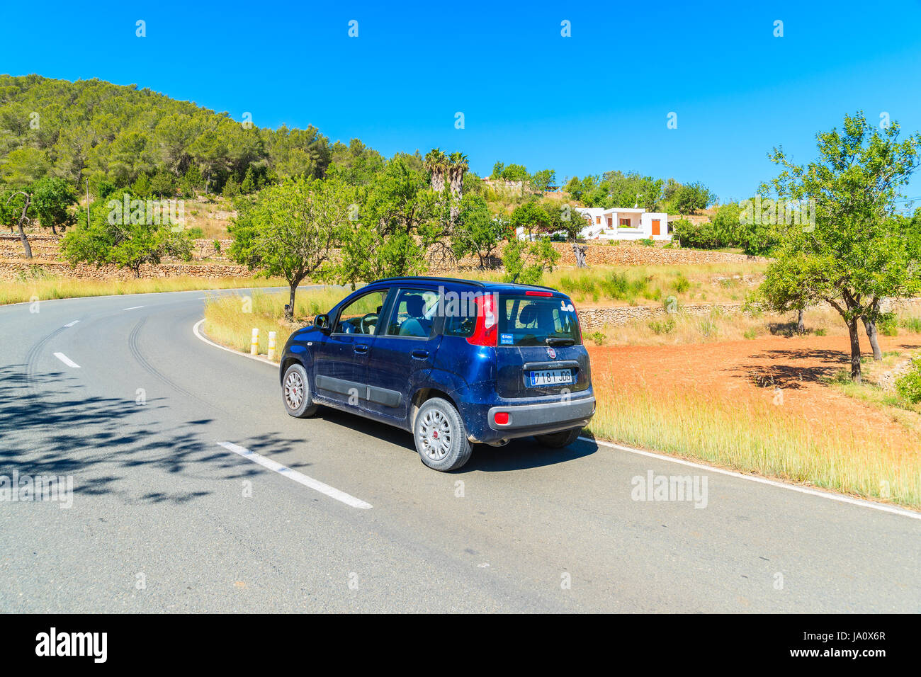 IBIZA ISLAND, SPAIN - MAY 19, 2017: hire car on scenic road along olive tree orchard in northern part of Ibiza island, Spain, Renting a car is best wa Stock Photo