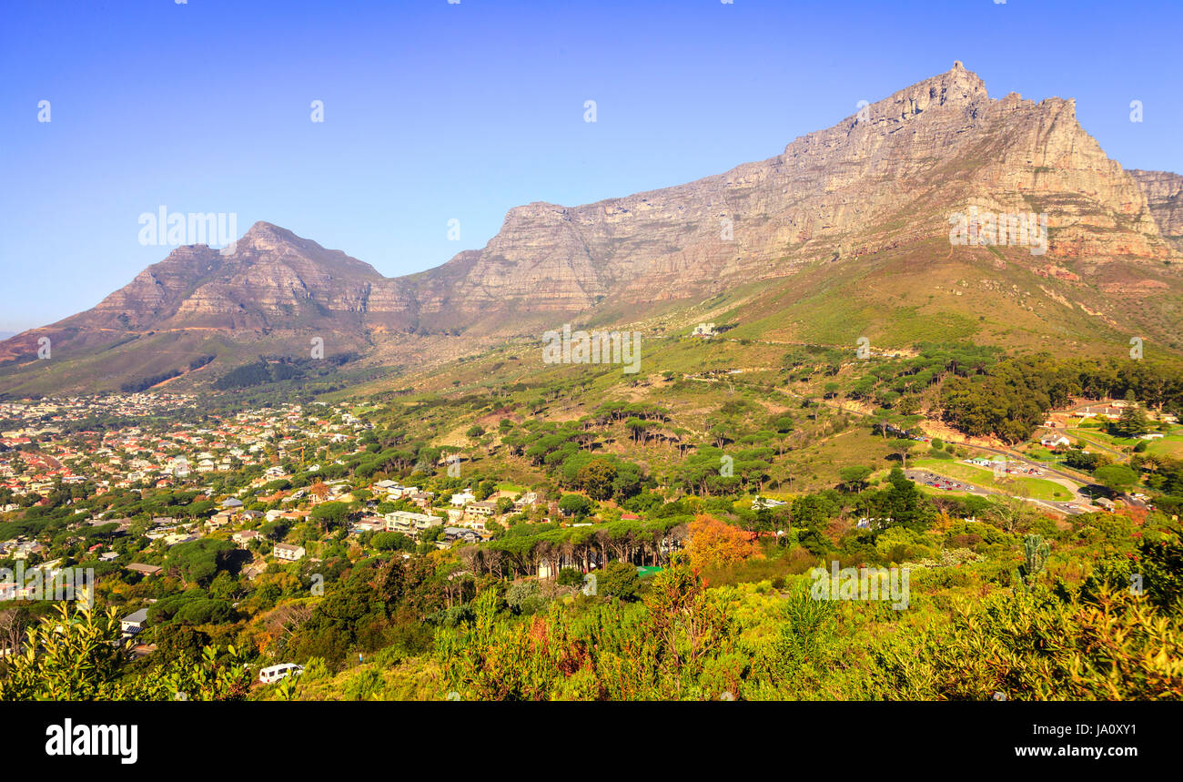 Scenic view of Table Mountain in Cape Town, South Africa at sunset Stock Photo