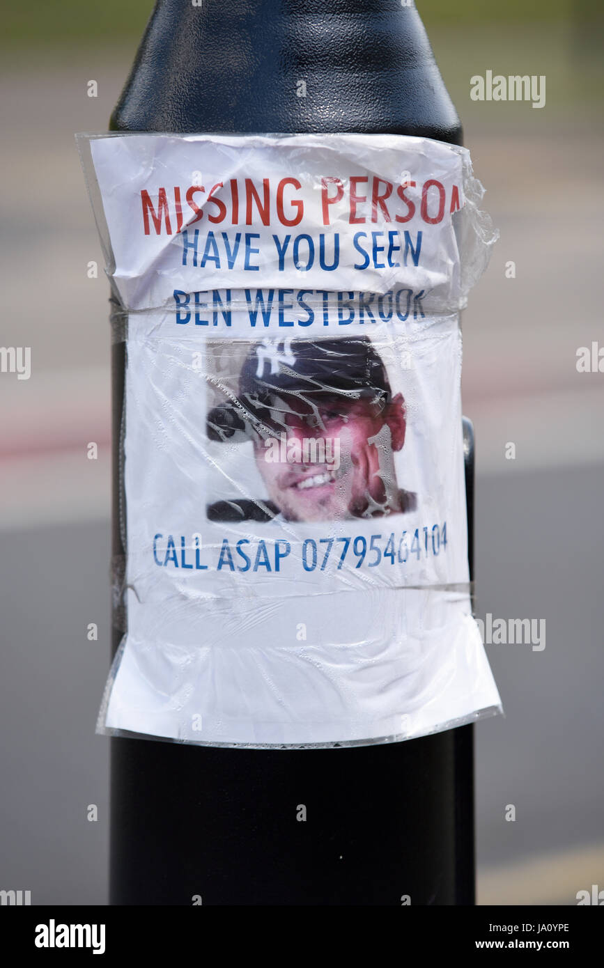 Ben Westbrook missing person poster attached to a lamp post in Southend, Essex, UK Stock Photo